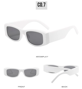 Three-view display of white rectangle retro sunglasses with gray lenses and thick temples
