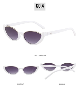 Trois vues de lunettes œil de chat blanches avec verres dégradés violets et décor doré