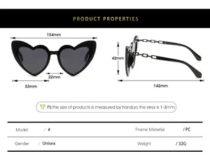 Detailed size chart for heart-shaped sunglasses showing exact frame measurements