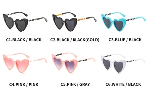 Detailed grid of heart-shaped sunglasses in six stylish colors with chain-link temples