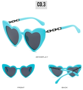 Three angles of bright blue heart-shaped sunglasses with black chain temple details