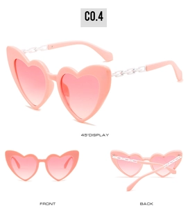 Detailed multi-angle view of pink heart sunglasses with stylish white chain arms