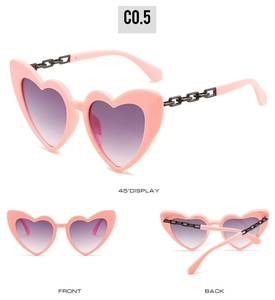Front and back views of pink heart-shaped sunglasses with purple gradient lenses and chain detail