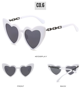 Three-view display of heart-shaped sunglasses with stylish black chain temple detail