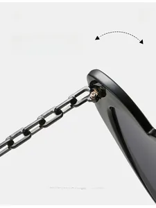 Detailed macro view of durable texture hinges and black chain-link temple design