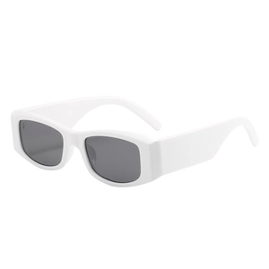 Retro small rectangle sunglasses with thick white frame and dark grey lenses for street style