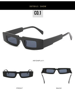 Détails de lunettes de soleil rectangulaires noires montrant les vues avant, arrière et 45°