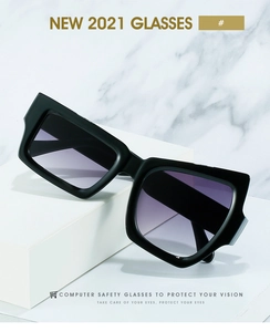 Detail of square black frame sunglasses with purple gradient lenses on marble background