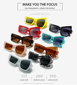 Detail showcase of nine colorful geometric sunglasses with oversized bold resin frames