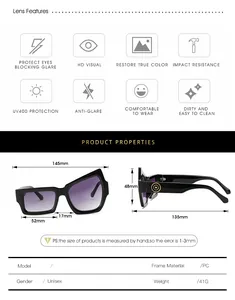 Detailed technical size chart for square frame UV400 sunglasses with PC frame and purple lens