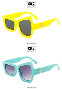 Detail view of yellow and blue oversized funky sunglasses with round temple accents