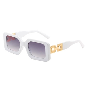 White square frame sunglasses with gold metal chain link details and purple gradient lenses