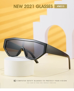 Macro detail of oversized black flat top shield sunglasses on a white pedestal