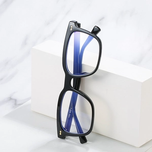 Fashionable black TR90 square eyeglass frames with blue light blocking lenses and gold accents
