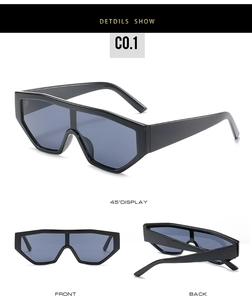 Detailed views of chunky black oversized sunglasses with semi-transparent grey lenses