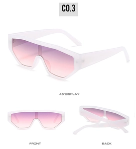 Oversized wrap-around sunglasses with translucent frames and gradient pink-purple lenses