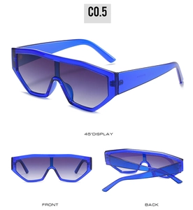 Three views of blue oversized sunglasses featuring gradient lenses and slim temples