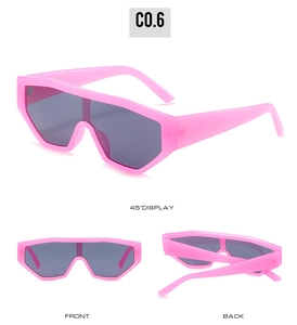 Three views of pink oversized shield sunglasses showing front, back, and 45-degree angle