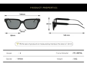 Size chart for square sunglasses showing 144mm width and PC metal frame specifications