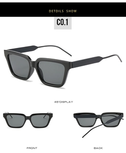 Three angles of black square sunglasses showing 45-degree side, front, and back views