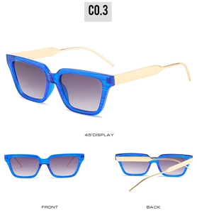 Detail view of square sunglasses with blue striped frames and gold metal temples