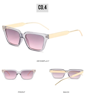 Three-view shots of square sunglasses with grey transparent frames and pink gradient lenses