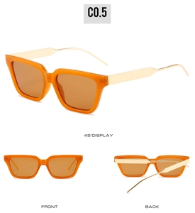 Detailed views of orange square sunglasses with gold metal temples and brown lenses