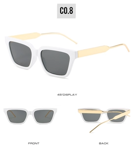 Square frame sunglasses with white frames, gold metal temples, and multiple view angles