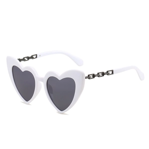 Fashionable white heart-shaped sunglasses with stylish black chain details for women
