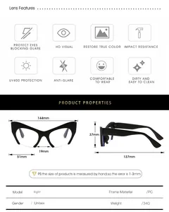 Detailed size guide and technical specifications for cat-eye semi-rimless sunglasses
