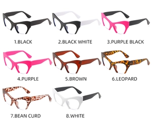 Detailed grid showing eight color options of retro cat-eye half-frame glasses
