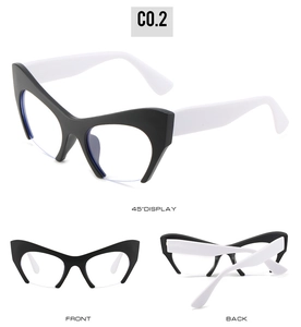 Detailed views of cat-eye half-frame glasses in black and white contrast design