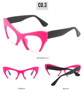 Detailed multi-angle views of neon pink half-frame cat-eye glasses with black temples