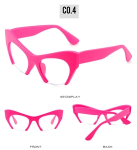 Detailed views of bright pink cat-eye semi-rimless frames from front and back angles