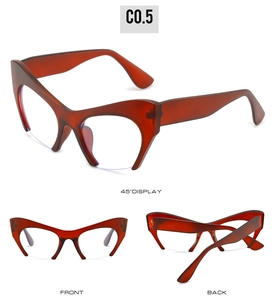 Detailed views of red-brown cat eye semi-rimless frames in front, back and 45-degree angles
