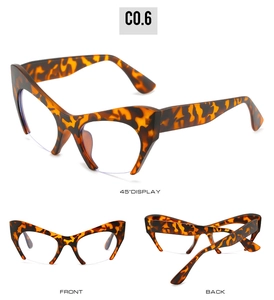 Three-view layout of tortoiseshell cat-eye glasses frame including front and side displays