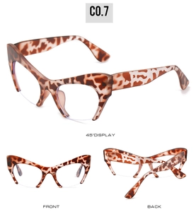 Three-angle views of cat-eye half-frame glasses in tortoiseshell pattern and clear lenses