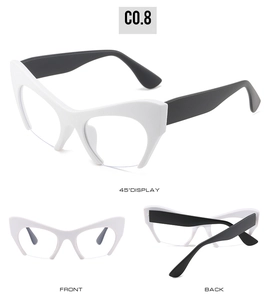 Three-view display of cat-eye glasses frame in black and white two-tone design