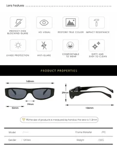 Detailed technical specification chart showing dimensions and PC frame features for sunglasses