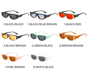 Grid display of vintage rectangle sunglasses in black, tortoiseshell, and vibrant frame colors