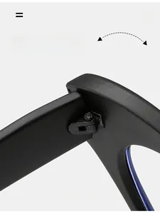 Detailed close-up of durable matte black cat-eye eyeglass hinges and sturdy frame joint