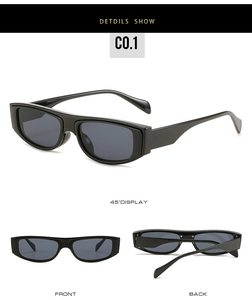 Detailed multi-angle views of narrow black rectangular sunglasses with grey lenses