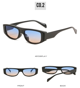 Detailed views of square frame sunglasses with blue-orange gradient lenses and black rims