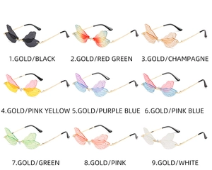 Nine color options of rimless dragonfly wing sunglasses with thin metal temples