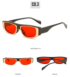 Multi-angle view of retro rectangular sunglasses with red lenses and black-gold frames