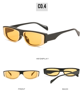 Front, side, and back views of retro rectangular sunglasses with yellow lenses