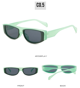 Three-view display of vintage mint green rectangle sunglasses with dark gray lenses