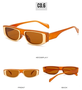 Detailed multi-angle views of orange rectangle sunglasses with gold metal trim and brown lenses