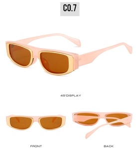 Detailed views of narrow rectangular sunglasses with pink frames and gold metal trim