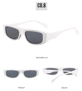 Retro white rectangular sunglasses with dark lenses shown in front, back, and 45-degree views